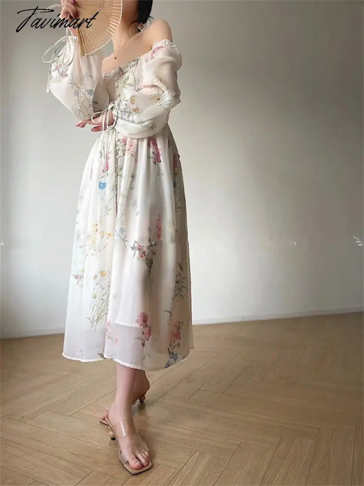 Midi Print Dress Summer New Women Elegent Fashion French Retro Princess Fancy Party Prom Clothes Female Vestidos