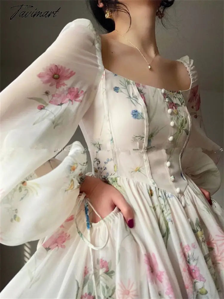Midi Print Dress Summer New Women Elegent Fashion French Retro Princess Fancy Party Prom Clothes Female Vestidos