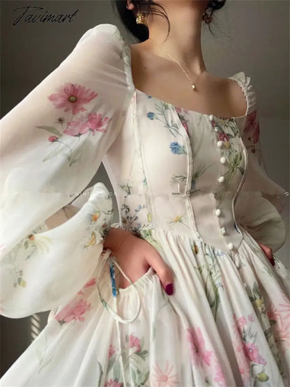 Midi Print Dress Summer New Women Elegent Fashion French Retro Princess Fancy Party Prom Clothes Female Vestidos