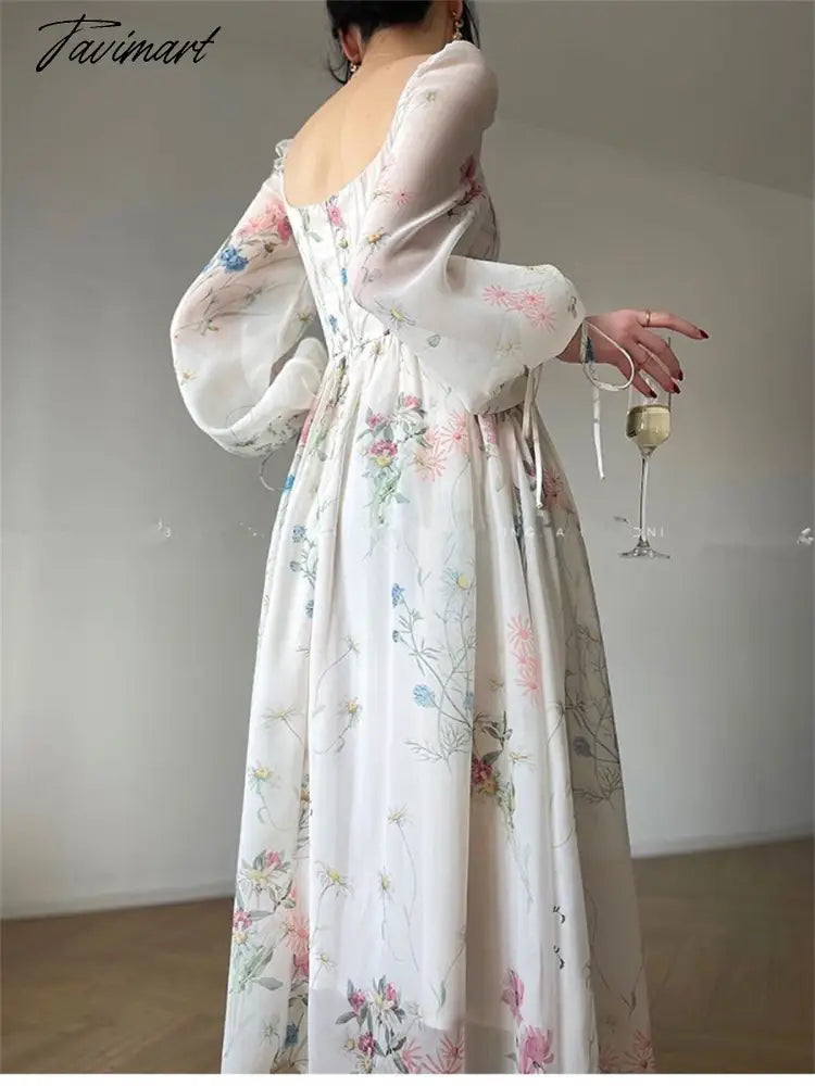 Midi Print Dress Summer New Women Elegent Fashion French Retro Princess Fancy Party Prom Clothes Female Vestidos