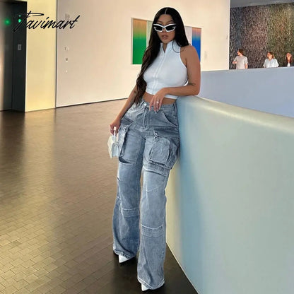 Multi Pockets Jeans Cargo Pants Women Y2K Streetwear Button Fly High Waist Loose Casual Denim Trousers All Matching Bottoms