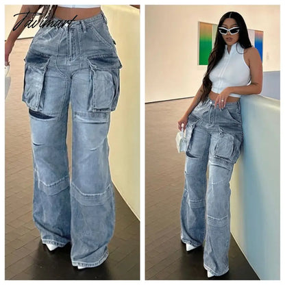 Multi Pockets Jeans Cargo Pants Women Y2K Streetwear Button Fly High Waist Loose Casual Denim Trousers All Matching Bottoms