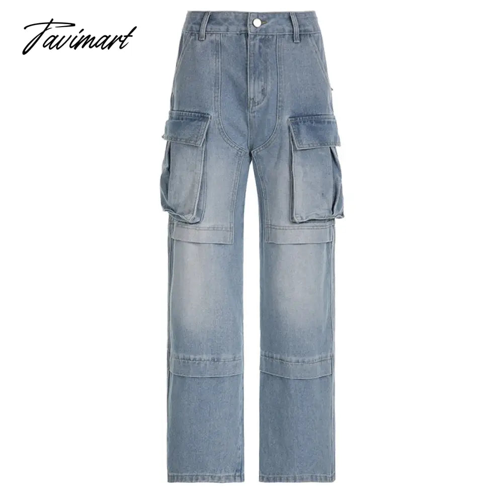 Multi Pockets Jeans Cargo Pants Women Y2K Streetwear Button Fly High Waist Loose Casual Denim Trousers All Matching Bottoms