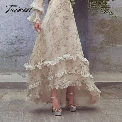 New Autumn High Quality Runway Dress Women Vintage Ruffles Floral Printed V-neck Long Sleeve Irregular Long Dress
