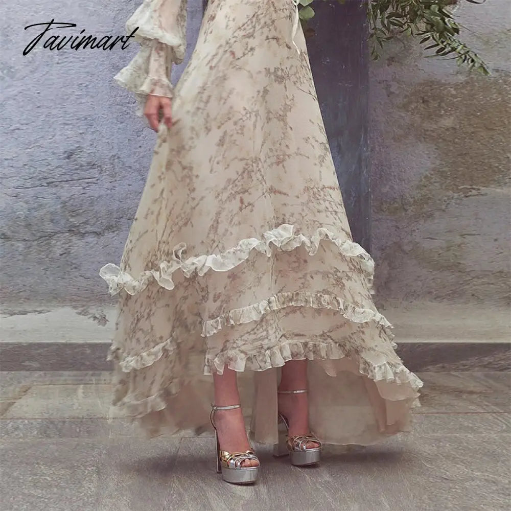 New Autumn High Quality Runway Dress Women Vintage Ruffles Floral Printed V-neck Long Sleeve Irregular Long Dress