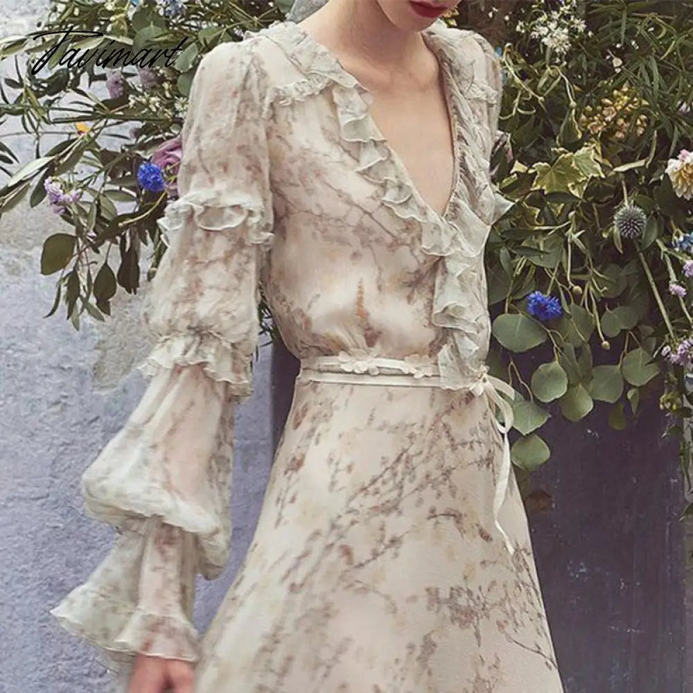 New Autumn High Quality Runway Dress Women Vintage Ruffles Floral Printed V-neck Long Sleeve Irregular Long Dress