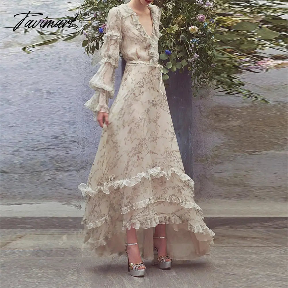 New Autumn High Quality Runway Dress Women Vintage Ruffles Floral Printed V-neck Long Sleeve Irregular Long Dress