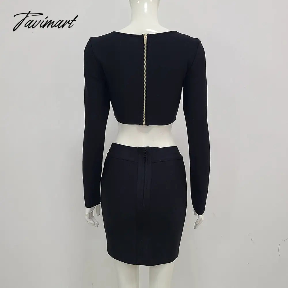 New Fall Women's Sexy 2 Piece Set Square Neck Long Sleeve Button Black Mini Bandage Dress Women Casual Short Suit