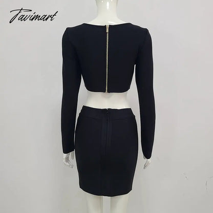 New Fall Women's Sexy 2 Piece Set Square Neck Long Sleeve Button Black Mini Bandage Dress Women Casual Short Suit