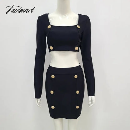 New Fall Women's Sexy 2 Piece Set Square Neck Long Sleeve Button Black Mini Bandage Dress Women Casual Short Suit