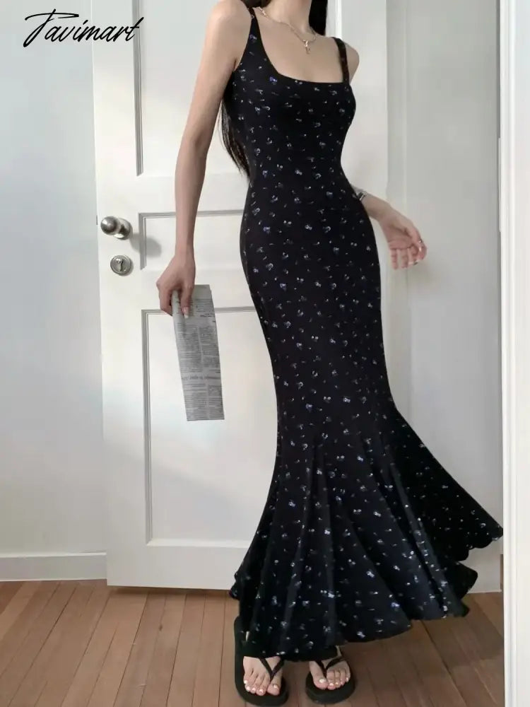 New Floral Square Neck Suspender Dress Women's Summer Traf Female Backless Party Fishtail Long Dress Elegant And Pretty Dresses.