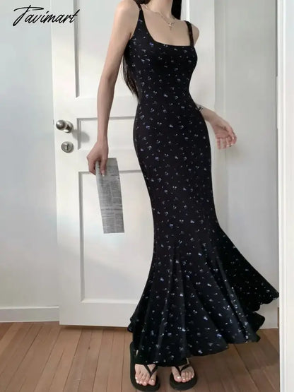 New Floral Square Neck Suspender Dress Women's Summer Traf Female Backless Party Fishtail Long Dress Elegant And Pretty Dresses.