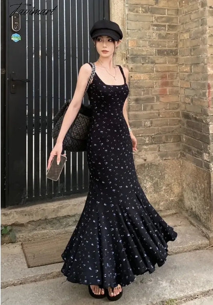New Floral Square Neck Suspender Dress Women's Summer Traf Female Backless Party Fishtail Long Dress Elegant And Pretty Dresses.