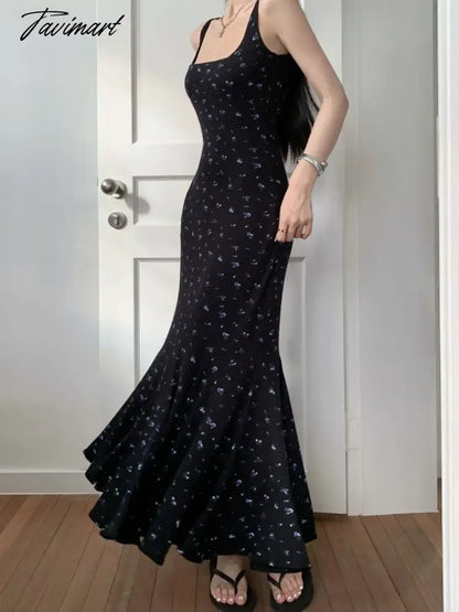 New Floral Square Neck Suspender Dress Women's Summer Traf Female Backless Party Fishtail Long Dress Elegant And Pretty Dresses.