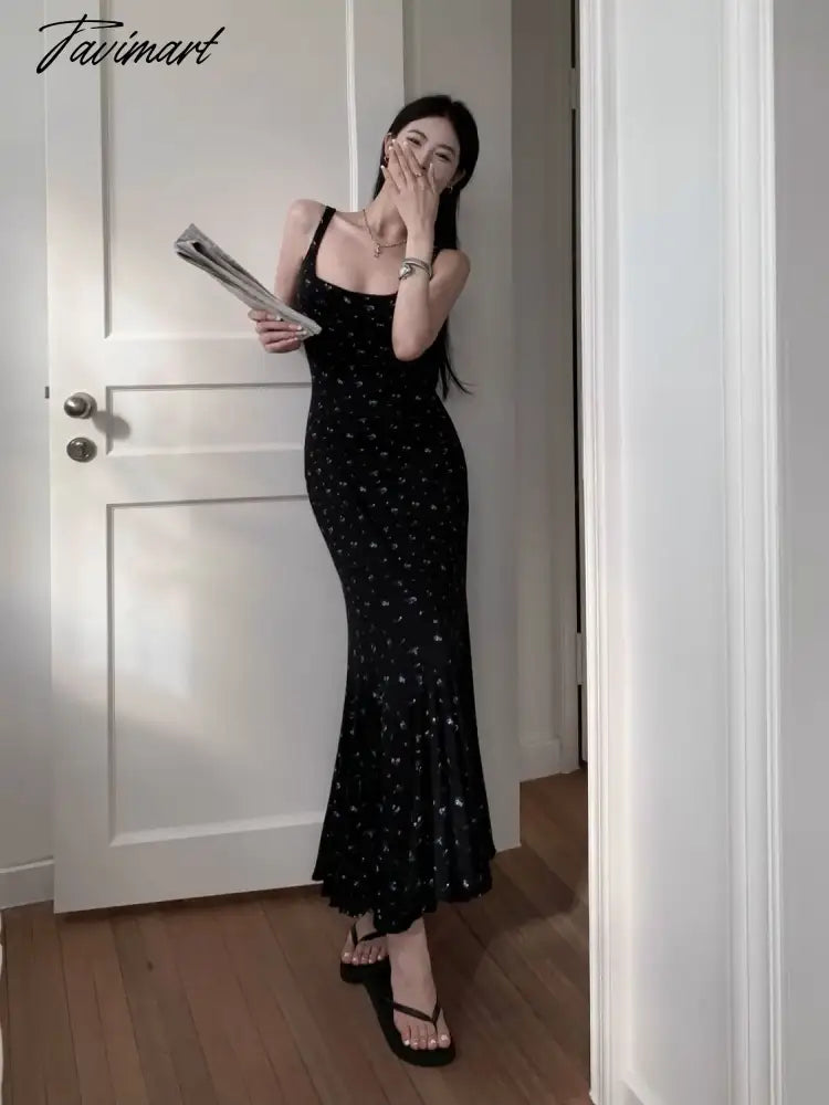 New Floral Square Neck Suspender Dress Women's Summer Traf Female Backless Party Fishtail Long Dress Elegant And Pretty Dresses.