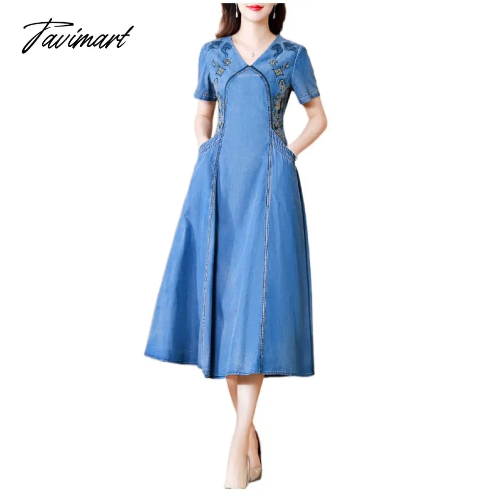 New Free Shipping Vintage Women Long Mid-Calf Summer Denim M-2XL Short Sleeve Embroidery V-Neck Chinese Style Dresses