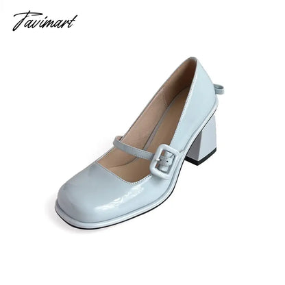 New Popular Lacquer Leather High Heels with Bow Tie Square Head Mary Jane Women's Shoe Academy Style Light Blue Sandals