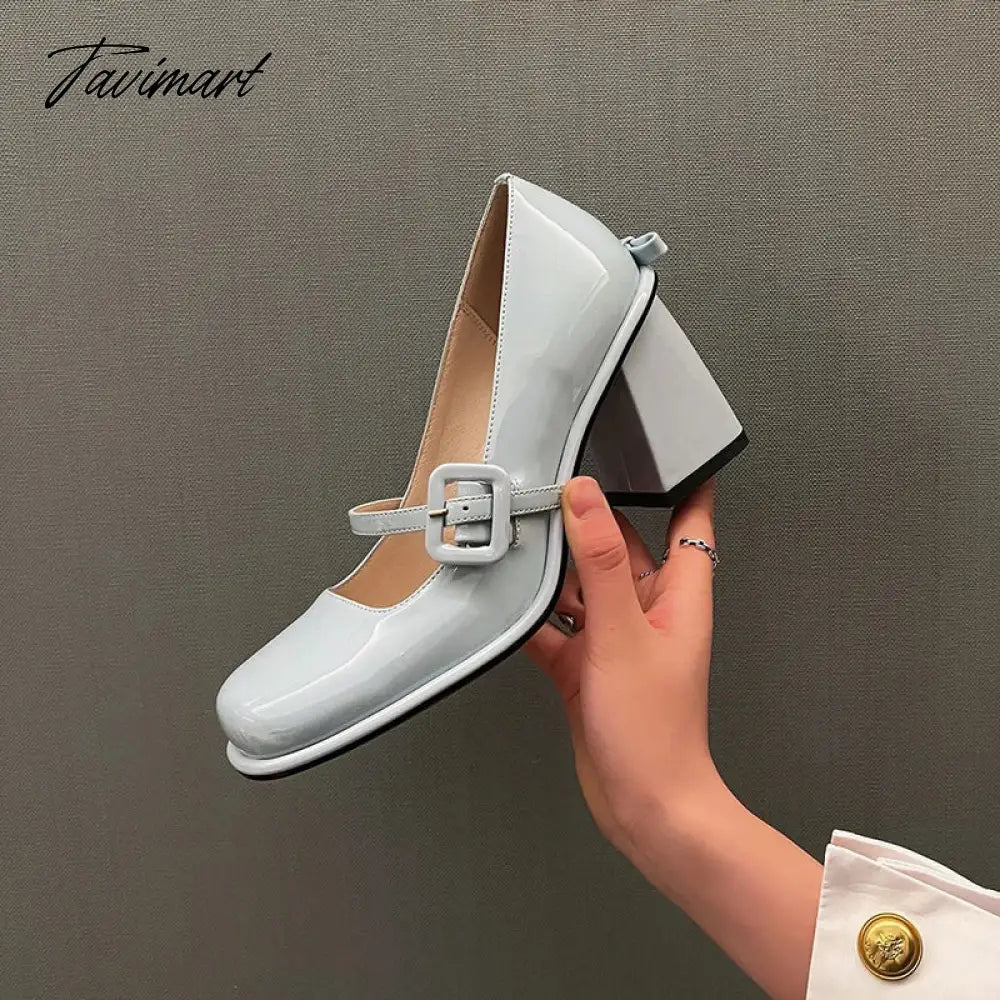 New Popular Lacquer Leather High Heels with Bow Tie Square Head Mary Jane Women's Shoe Academy Style Light Blue Sandals
