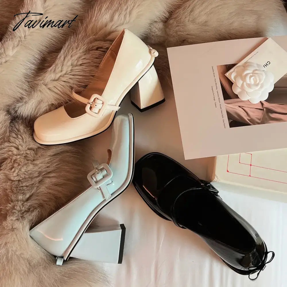 New Popular Lacquer Leather High Heels with Bow Tie Square Head Mary Jane Women's Shoe Academy Style Light Blue Sandals