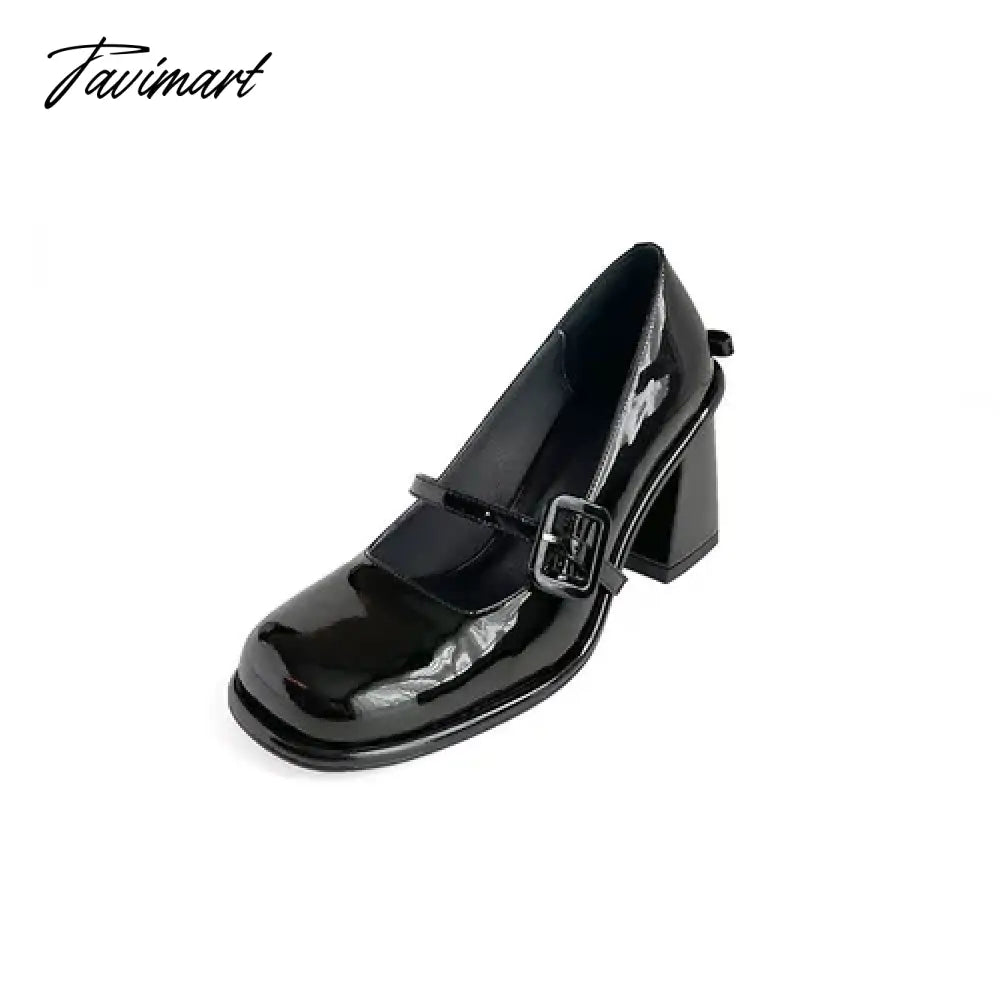 New Popular Lacquer Leather High Heels with Bow Tie Square Head Mary Jane Women's Shoe Academy Style Light Blue Sandals