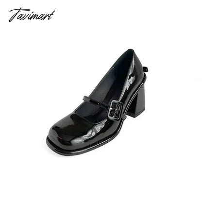 New Popular Lacquer Leather High Heels with Bow Tie Square Head Mary Jane Women's Shoe Academy Style Light Blue Sandals