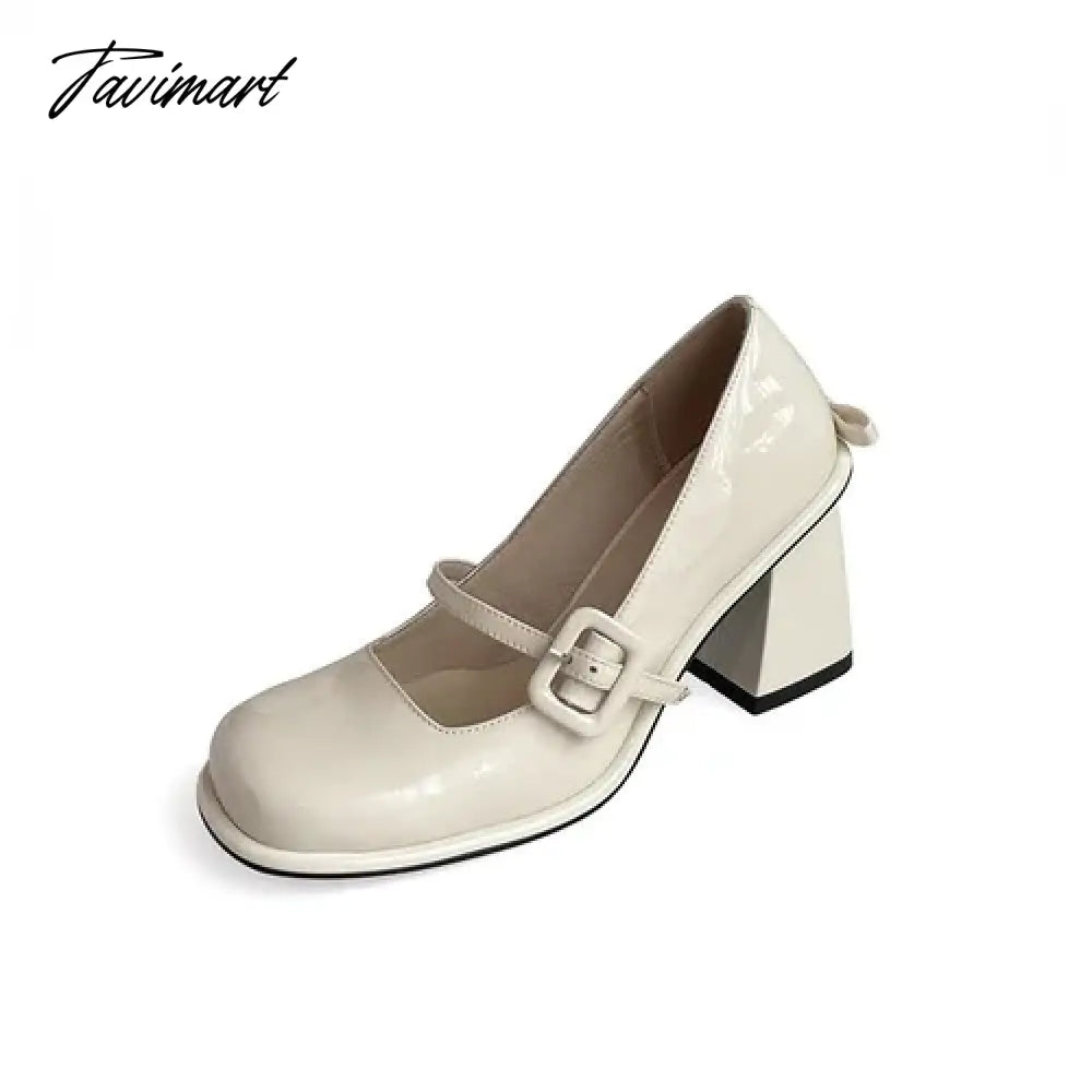 New Popular Lacquer Leather High Heels with Bow Tie Square Head Mary Jane Women's Shoe Academy Style Light Blue Sandals