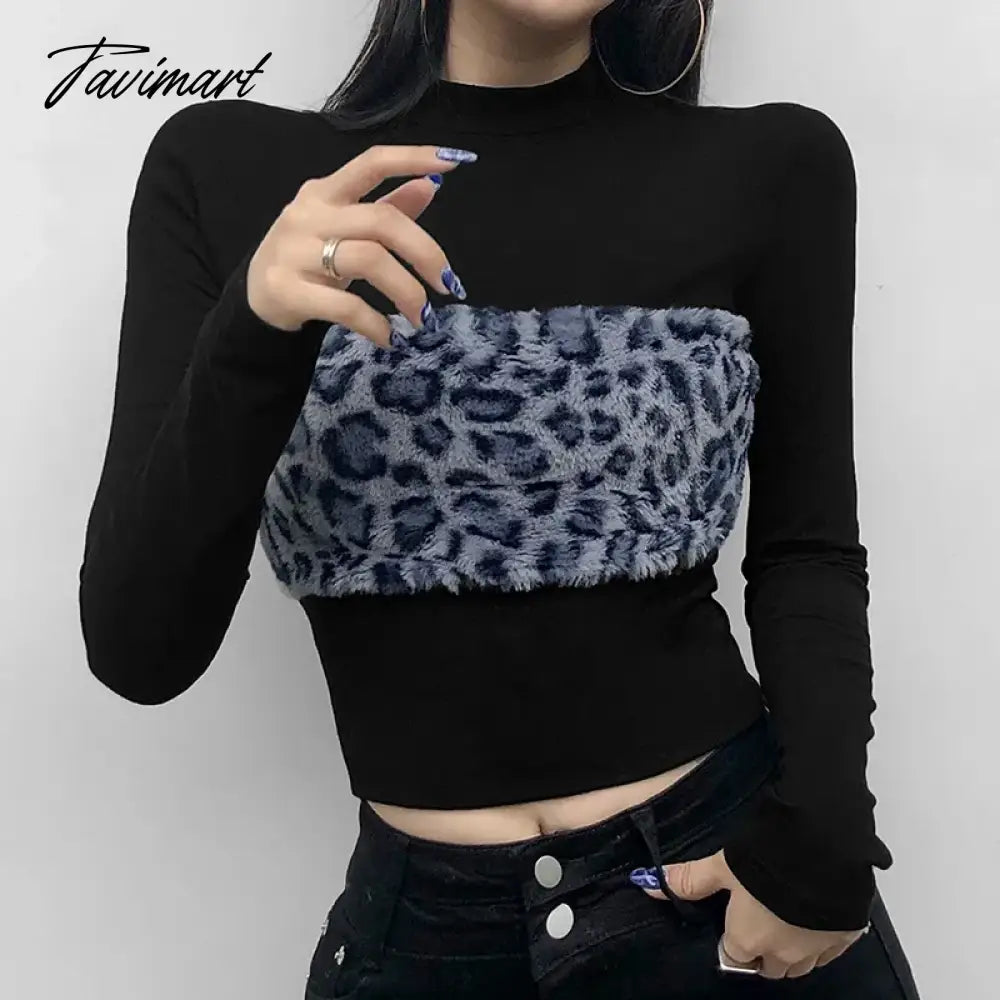 New Style Fashion Tops-Leopord Pattern WOMEN'S Pullover Furry Joint Crew Neck Contrast Color Long Sleeve WOMEN'S T-shirt Casual