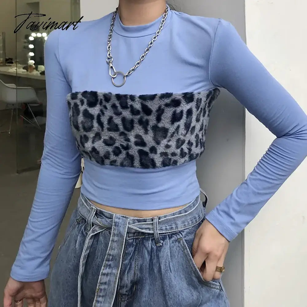 New Style Fashion Tops-Leopord Pattern WOMEN'S Pullover Furry Joint Crew Neck Contrast Color Long Sleeve WOMEN'S T-shirt Casual
