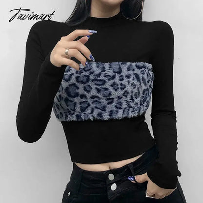 New Style Fashion Tops-Leopord Pattern WOMEN'S Pullover Furry Joint Crew Neck Contrast Color Long Sleeve WOMEN'S T-shirt Casual