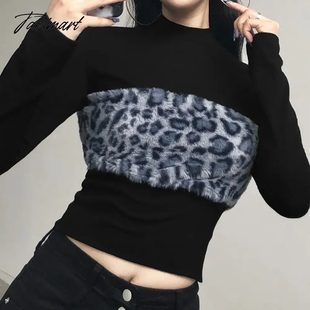 New Style Fashion Tops-Leopord Pattern WOMEN'S Pullover Furry Joint Crew Neck Contrast Color Long Sleeve WOMEN'S T-shirt Casual