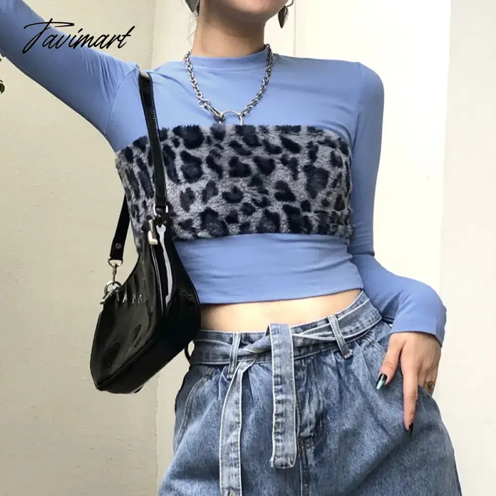 New Style Fashion Tops-Leopord Pattern WOMEN'S Pullover Furry Joint Crew Neck Contrast Color Long Sleeve WOMEN'S T-shirt Casual