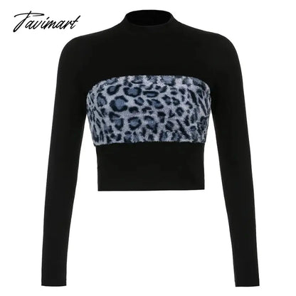New Style Fashion Tops-Leopord Pattern WOMEN'S Pullover Furry Joint Crew Neck Contrast Color Long Sleeve WOMEN'S T-shirt Casual