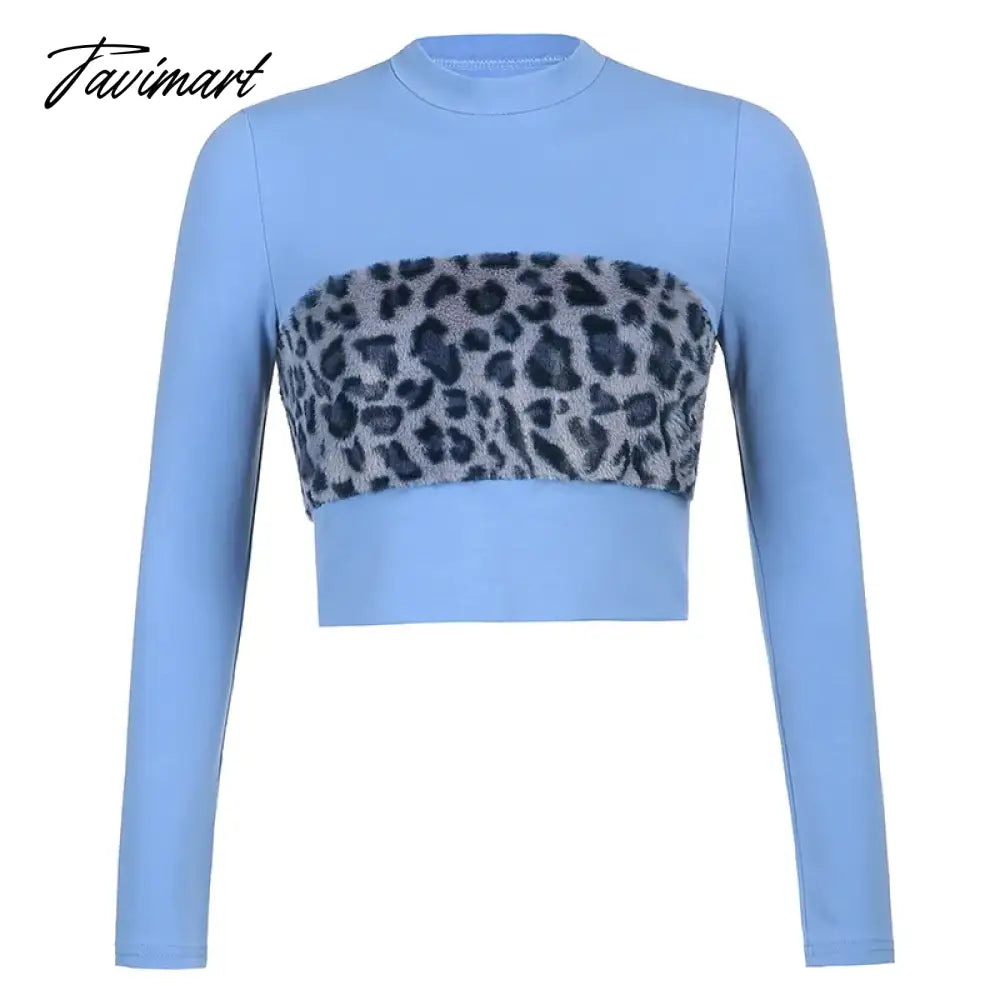 New Style Fashion Tops-Leopord Pattern WOMEN'S Pullover Furry Joint Crew Neck Contrast Color Long Sleeve WOMEN'S T-shirt Casual