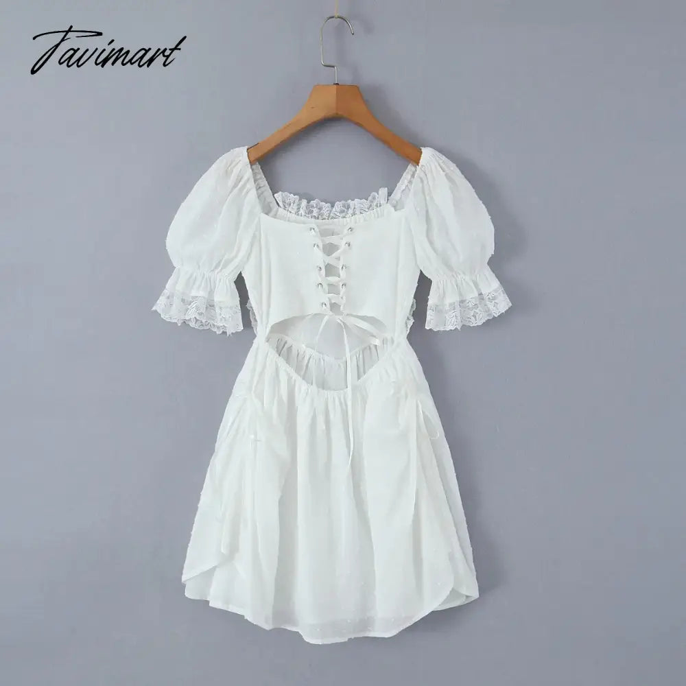 New Summer Solid O-neck Puff Sleeve Lace up High Waist Holiday Vocation Beach Women Mini Dress