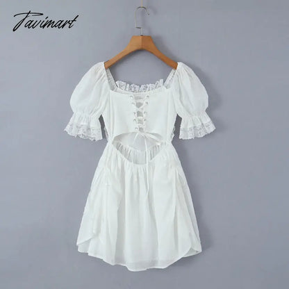 New Summer Solid O-neck Puff Sleeve Lace up High Waist Holiday Vocation Beach Women Mini Dress