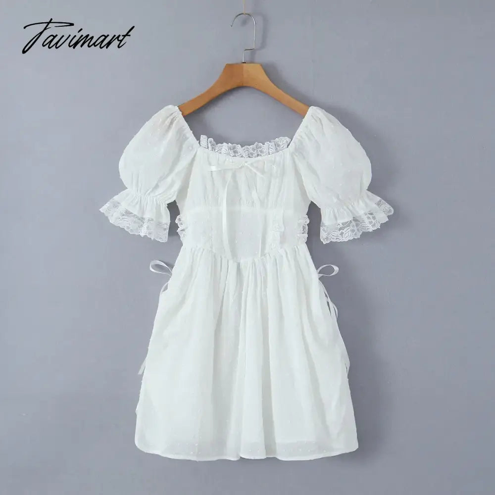 New Summer Solid O-neck Puff Sleeve Lace up High Waist Holiday Vocation Beach Women Mini Dress