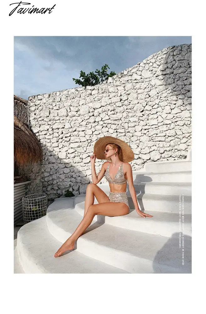 New Swimsuit Light Luxury Sequins Split Bikini High Waist Lace Sexy Ins Beach Vacation Women's Swimsuit Beach Wear Tankini