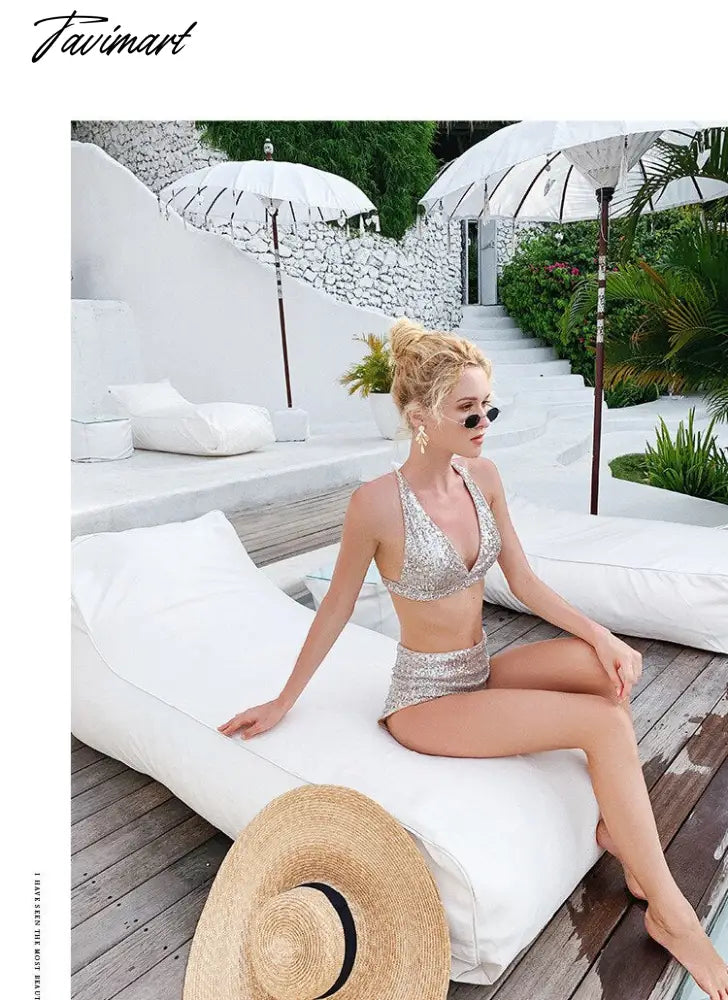 New Swimsuit Light Luxury Sequins Split Bikini High Waist Lace Sexy Ins Beach Vacation Women's Swimsuit Beach Wear Tankini