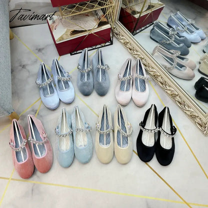 New Velvet and Silk Mary Jane Crystal Buckle Shoes Women Lady Female Flat Pumps Instagram Style Casual Solid Black blue