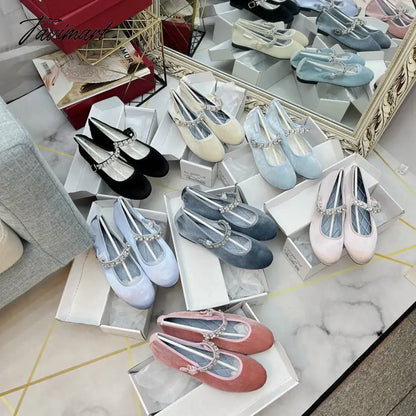 New Velvet and Silk Mary Jane Crystal Buckle Shoes Women Lady Female Flat Pumps Instagram Style Casual Solid Black blue