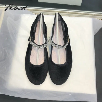 New Velvet and Silk Mary Jane Crystal Buckle Shoes Women Lady Female Flat Pumps Instagram Style Casual Solid Black blue