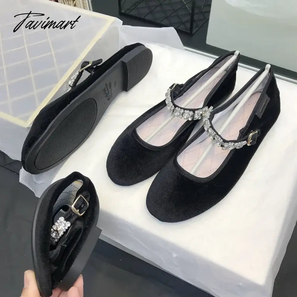 New Velvet and Silk Mary Jane Crystal Buckle Shoes Women Lady Female Flat Pumps Instagram Style Casual Solid Black blue