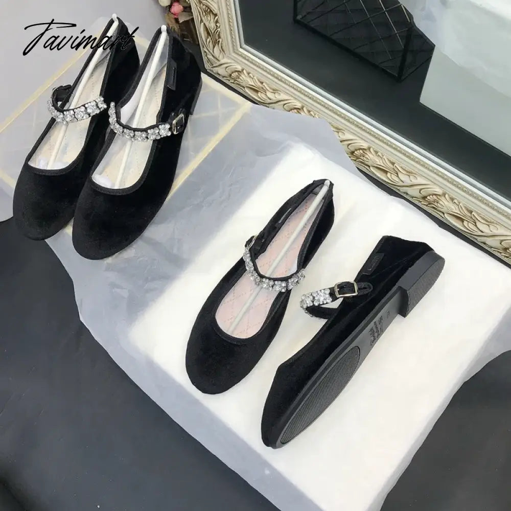 New Velvet and Silk Mary Jane Crystal Buckle Shoes Women Lady Female Flat Pumps Instagram Style Casual Solid Black blue