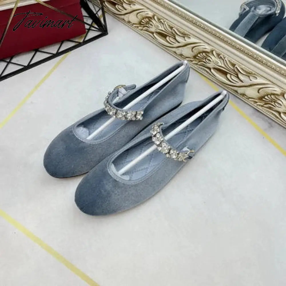 New Velvet and Silk Mary Jane Crystal Buckle Shoes Women Lady Female Flat Pumps Instagram Style Casual Solid Black blue