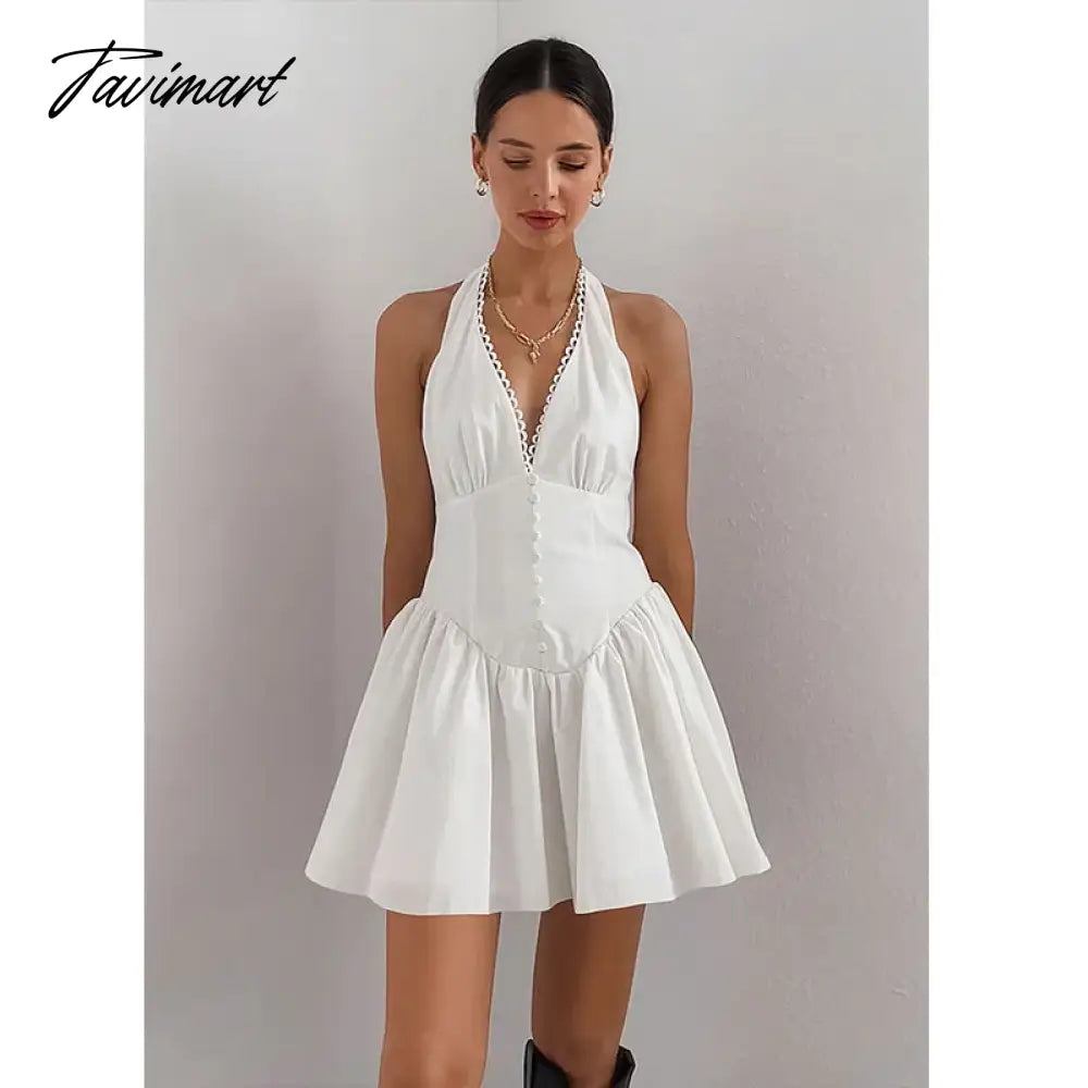 New White Lace Cotton Halter Neck Backless Dress Slim V-Neck Foreign Trade High-end Women's Clothing