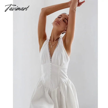 New White Lace Cotton Halter Neck Backless Dress Slim V-Neck Foreign Trade High-end Women's Clothing