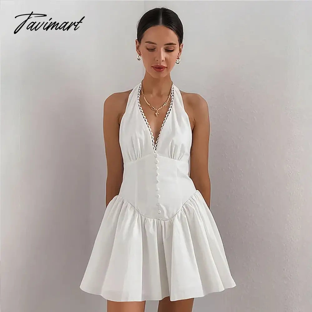 New White Lace Cotton Halter Neck Backless Dress Slim V-Neck Foreign Trade High-end Women's Clothing