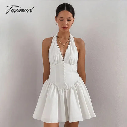 New White Lace Cotton Halter Neck Backless Dress Slim V-Neck Foreign Trade High-end Women's Clothing