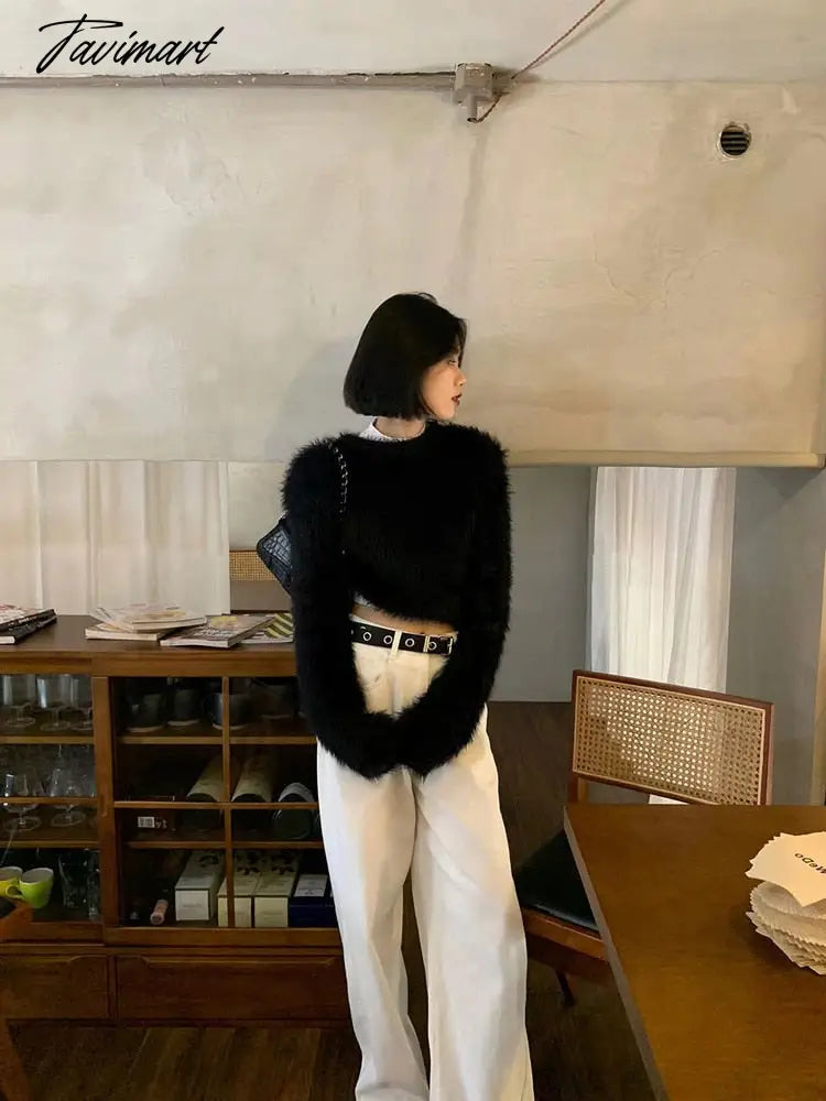New Winter Mohair Sweater Faux Mink Cashmere Short Pullover Sweater knitted sweater women y2k clothes korean fashion