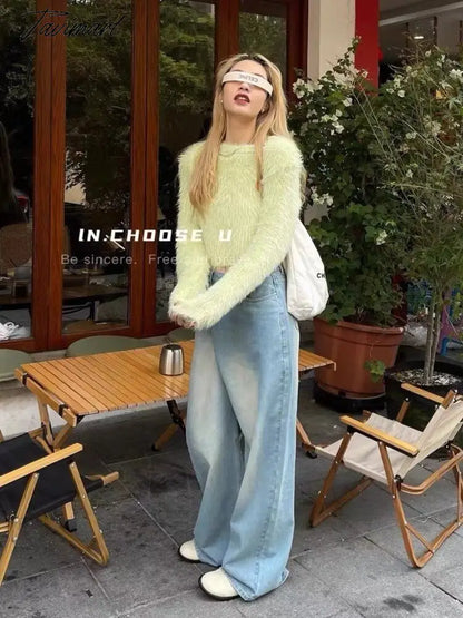New Winter Mohair Sweater Faux Mink Cashmere Short Pullover Sweater knitted sweater women y2k clothes korean fashion
